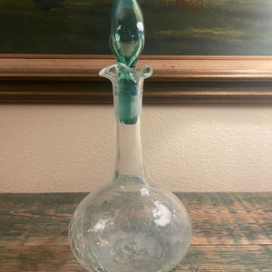 Vintage Blenko Glass Crackle Glass Ruffled Edge Genie Decanter with Flame Stopper 1950&#39;s