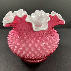 Vintage Fenton Cranberry Hobnail Ruffled Edge Vase
