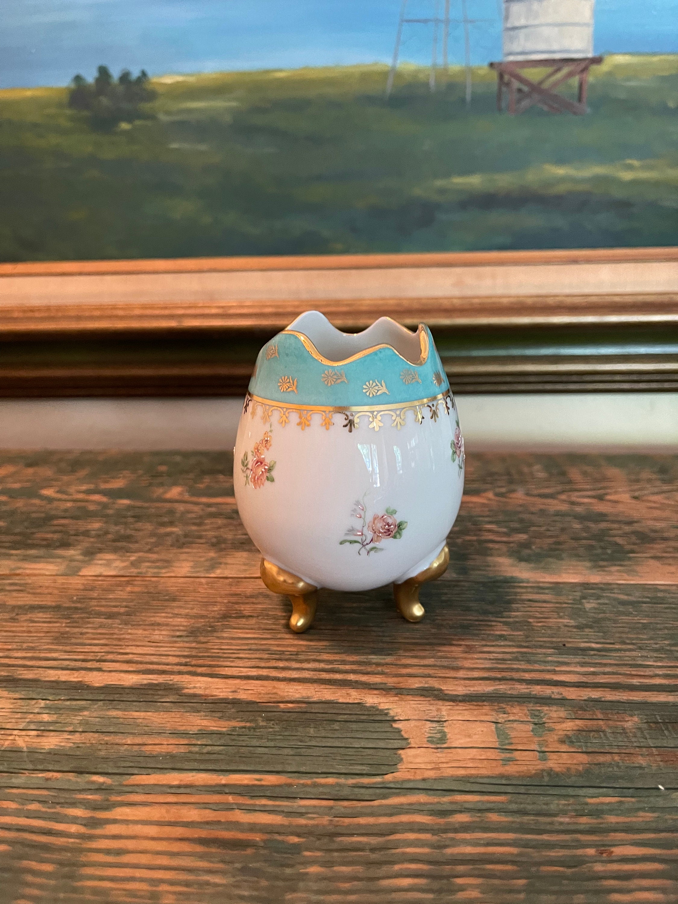 Vintage/antique Limoges Blue and Gold Hand Painted Egg Shaped Vase and