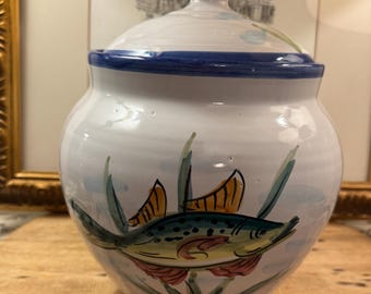 Bote grande vintage Vietri Al Mare con tapa, pintado a mano, hecho en Italia.