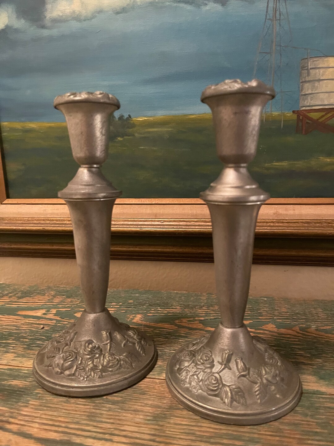 Vintage Pewter Candlestick Holders With Roses Dark Academia Decor Etsy