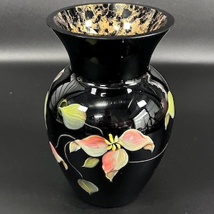 Fenton Vase Ebony Black and Gold Handpainted Flowers Signed Rare