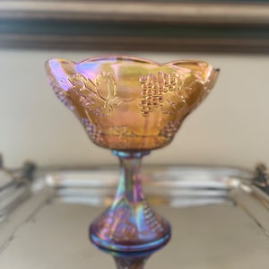 Vintage Marigold Carnival Glass Compote in the Grapevine Pattern