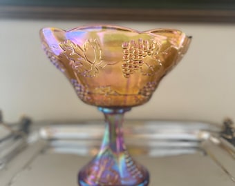 Vintage Marigold Carnival Glass Compote in the Grapevine Pattern