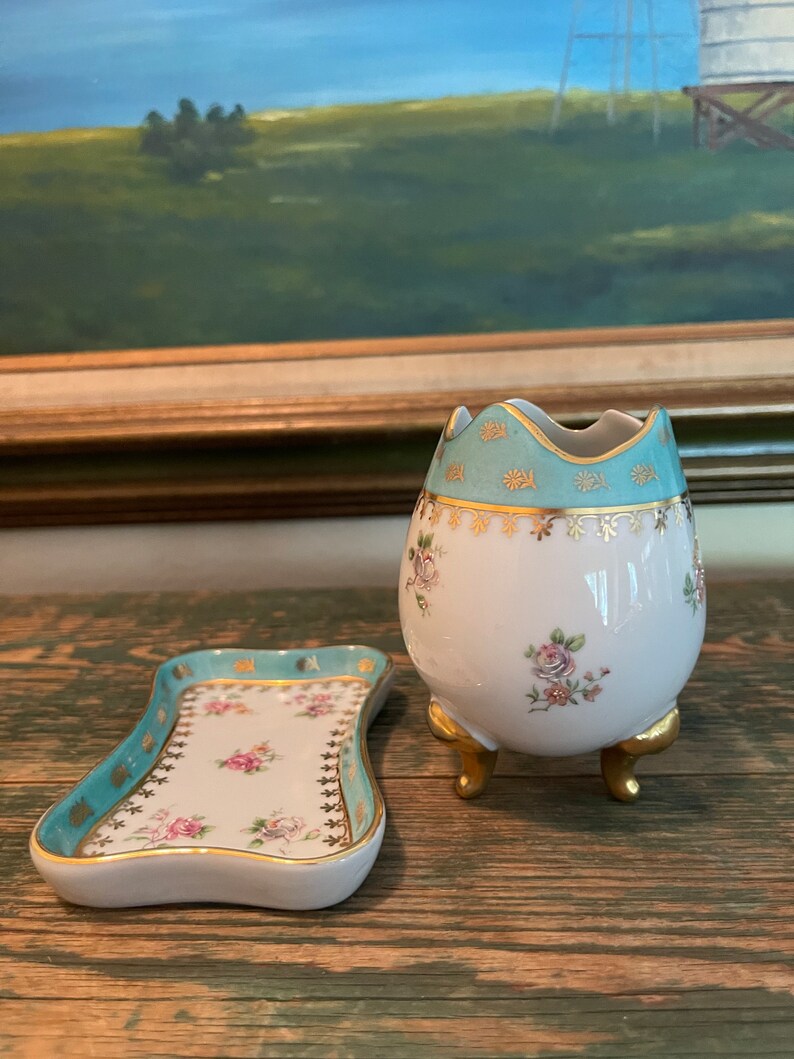 Vintage/antique Limoges Blue and Gold Hand Painted Egg Shaped Vase and