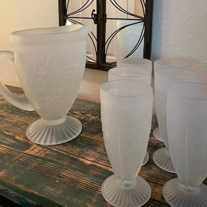 Vintage Jeannette Glass Iris and Herringbone Pattern Satin Glass Pitcher and Six Tall Glasses