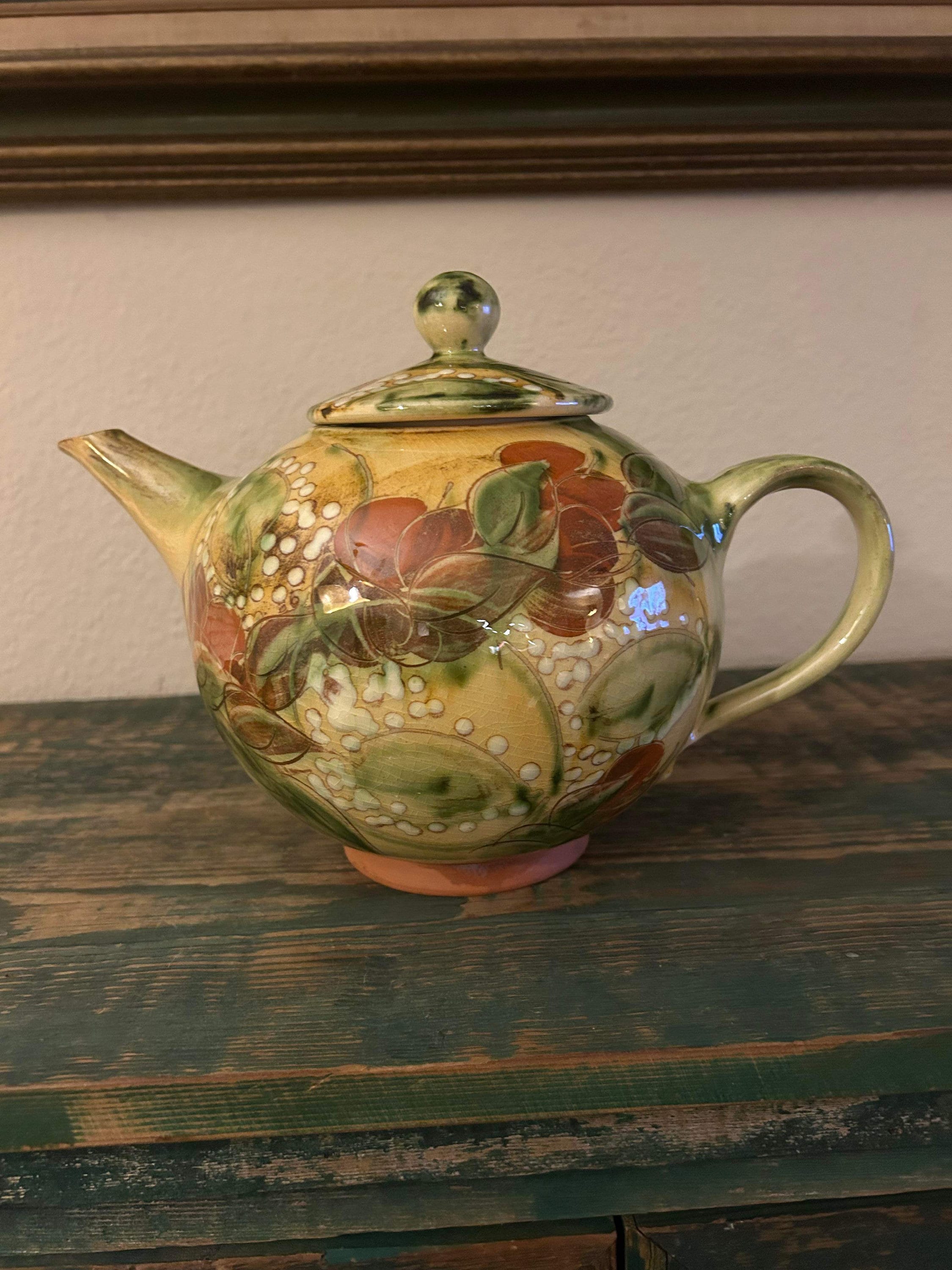 Studio Art Pottery Large Teapot with Hand Painted Flowers and Leaves Signed