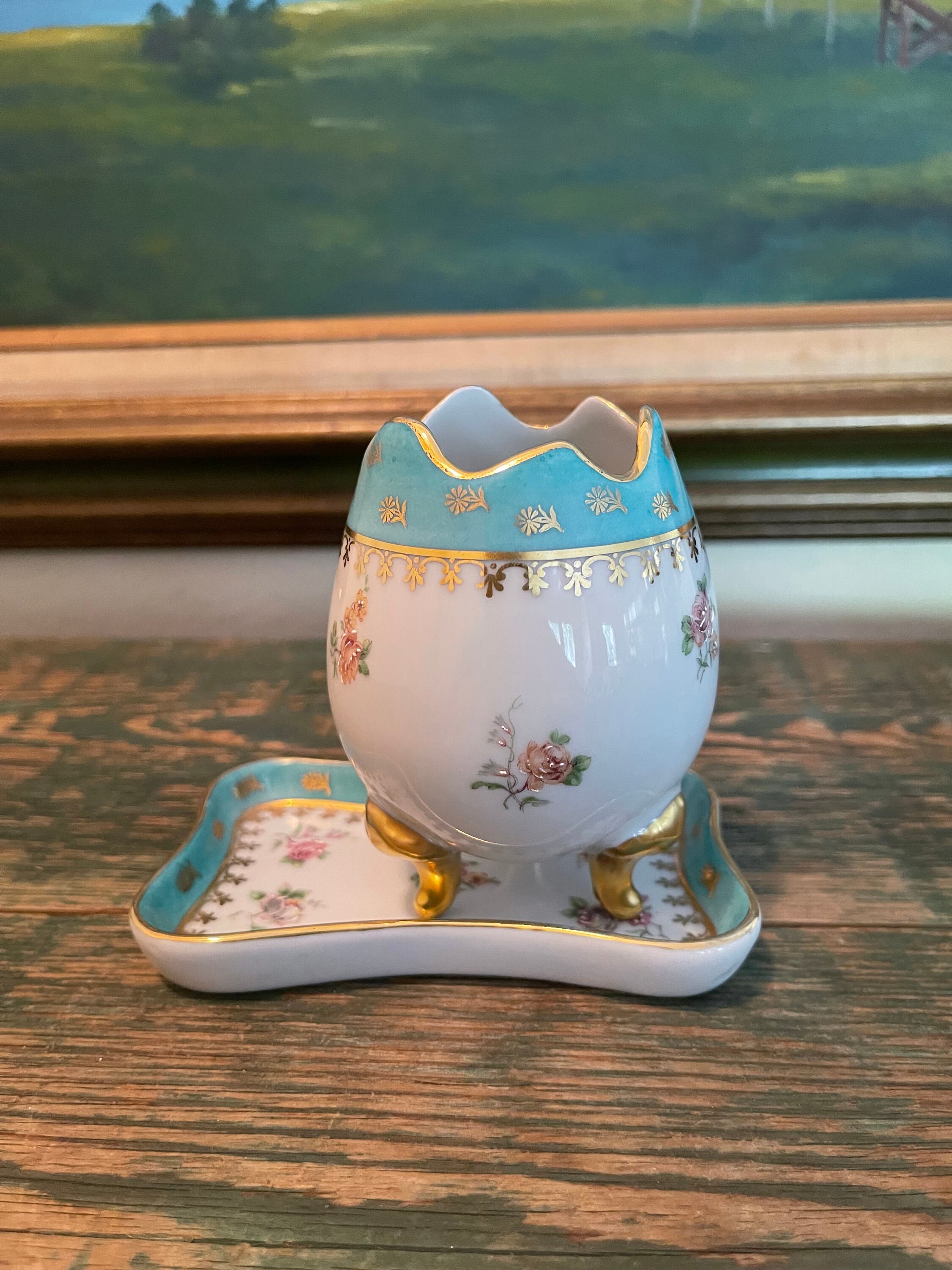 Vintage/antique Limoges Blue and Gold Hand Painted Egg Shaped Vase and