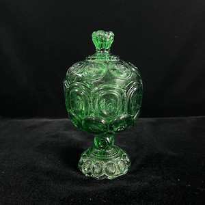 Vintage LE Smith Moon and Stars Emerald Green Anniversary Lidded Compote  1970&#39;s Rare Collectible