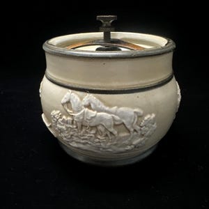 Vintage Stoneware Tobacco Jar: Hand-Painted Relief, Made in England