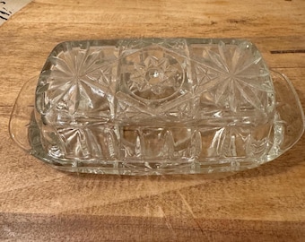 Vintage Anchor Hocking Prescut Star Butter Dish with Lid Mid Century Tableware