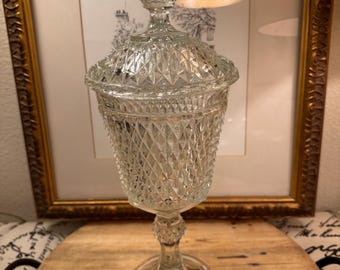 Vintage Indiana Glass Diamond Point Lidded Apothecary/Candy Dish/ Urn with Lid