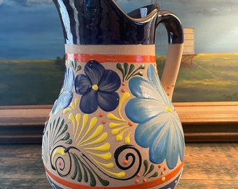 Vintage XXL Mexican Folk Art Pottery Pitcher Hand Painted and Decorated