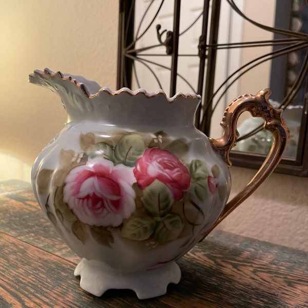 Vintage Lefton Pitcher/Jug/Teapot/Coffee pot pattern 796 with large pink cabbage roses