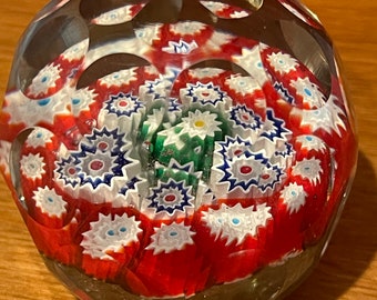 Vintage Murano Millefiori Faceted Paperweight Signed