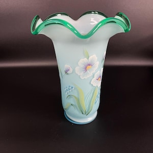 Fenton Vase Ruffled Blue with Handpainted Flowers  Signed