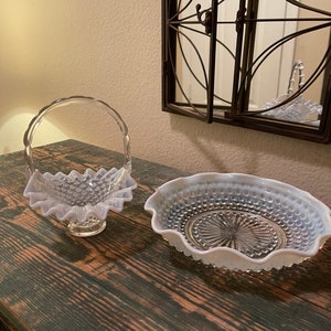 Vintage Fenton Opalescent  Moonstone Hobnail Basket and Candy/Trinket Dish
