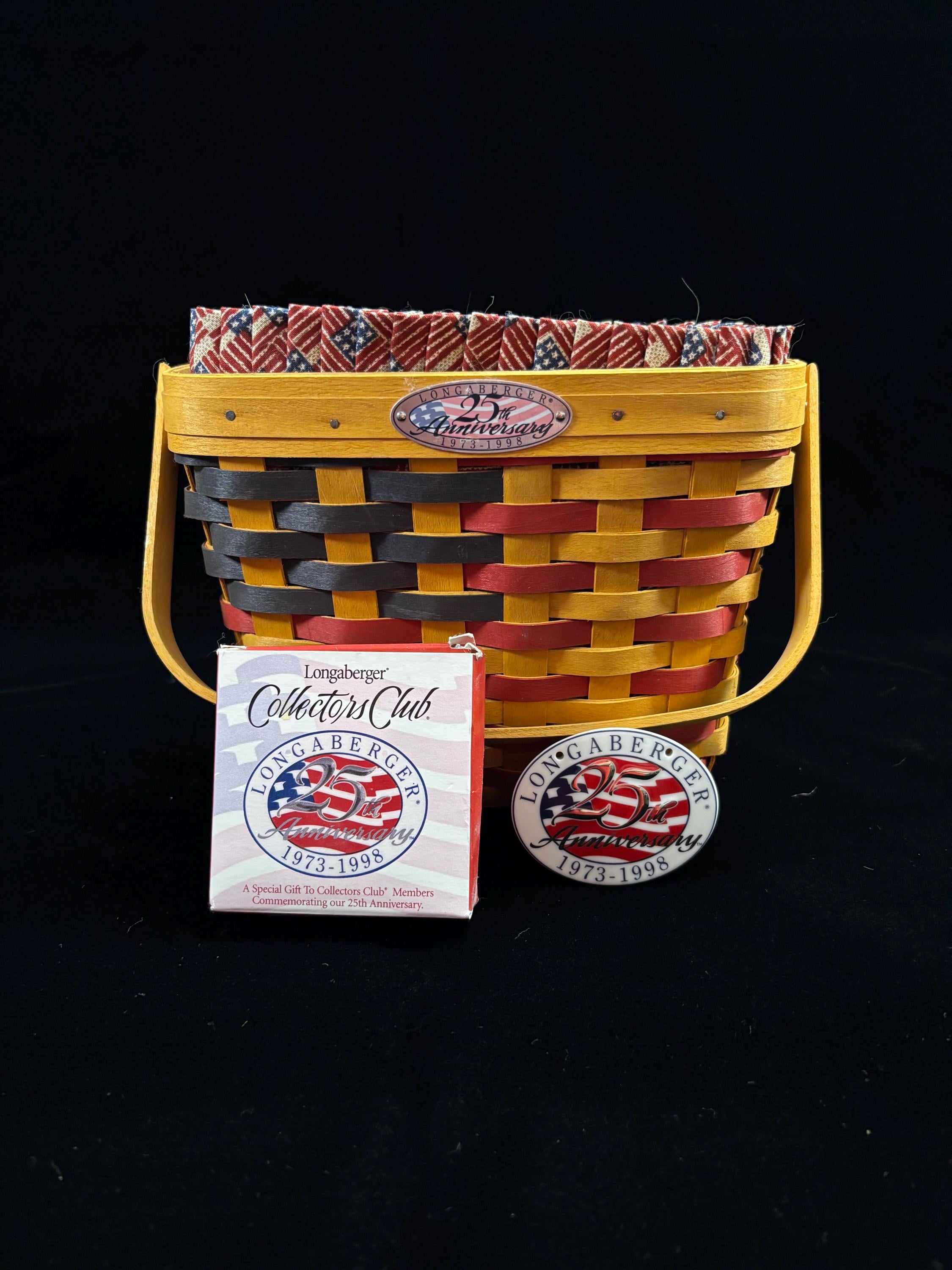 ロンガバーガーバスケット♪25周年 Vintage Longaberger 25th Anniversary Basket With Liner 1998 Signed