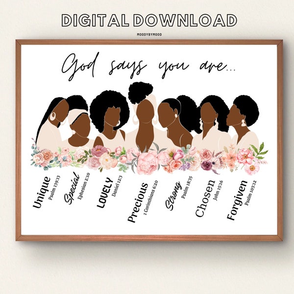 Black Woman God Says You Are Printable Poster, Black Queen Wall Art, Black Pride, Afro Girl Digital Download Gift, Christian Poster