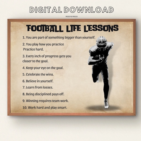 Football Life Lessons Printable Poster, American Football Player Wall Art, Home Decor, Digital Download, Football Poster, Motivation Quote