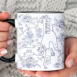 Erster Muttertagsgeschenk vom Baby, Benutzerdefinierte Händchenhalten mit Kinder Toile de Jouy Becher, Geschenk für Jungen-Mama-Zwillingsmama, Babyparty-Geburtstagsgeschenk