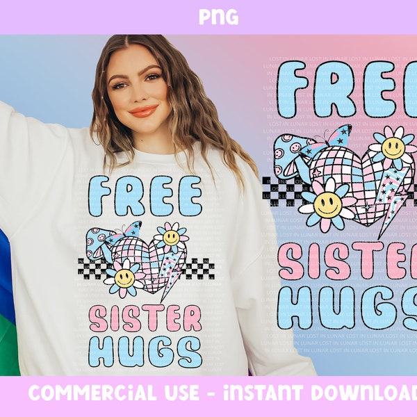 Free Sister Hugs Retro PNG, Protect Trans Kids PNG, Trans Rights png, trans pride flag png, Retro LGBTQ+ Pride png sublimation
