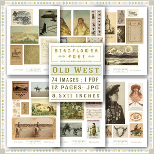 Puede incluir: Un collage de im&aacute;genes vintage que representan el Viejo Oeste, incluyendo vaqueros, nativos americanos, paisajes y escenas hist&oacute;ricas. El collage se titula "Old West" e incluye el texto "74 Im&aacute;genes: 1 PDF, 12 P&aacute;ginas: JPG, 8.5x11 Pulgadas".