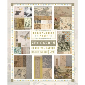 Zen Garden printable scrapbook paper, digital papers, Chinese and Japanese vintage ephemera by Birdflower Poet