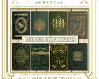 Puede incluir: Una colección de 50 cubiertas de libros antiguos imprimibles en un esquema de color verde y dorado. Las cubiertas presentan varios títulos e ilustraciones, incluyendo "American", "Beasts of the Field", "Christmas Greeting" y "Enchanted Fairy Tales".