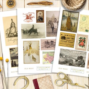 Puede incluir: Una colecci&oacute;n de im&aacute;genes y ef&iacute;meras vintage con tem&aacute;tica del Viejo Oeste. Las im&aacute;genes incluyen a un hombre nativo americano, un vaquero montando un caballo, un mapa de los Estados Unidos, una caravana de carros y una mujer con un abrigo de piel. Las ef&iacute;meras incluyen un anuncio vintage de John Dwight's Sugar, un anuncio vintage de F. Oriel Ladies Furs y un anuncio vintage de Buffalo Robes.