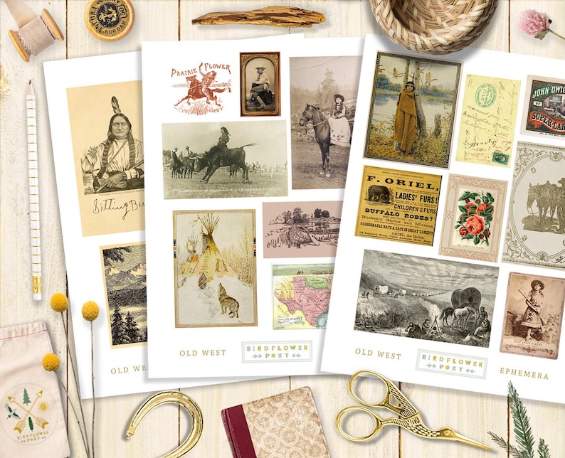 Puede incluir: Una colecci&oacute;n de im&aacute;genes y ef&iacute;meras vintage con tem&aacute;tica del Viejo Oeste. Las im&aacute;genes incluyen a un hombre nativo americano, un vaquero montando un caballo, un mapa de los Estados Unidos, una caravana de carros y una mujer con un abrigo de piel. Las ef&iacute;meras incluyen un anuncio vintage de John Dwight's Sugar, un anuncio vintage de F. Oriel Ladies Furs y un anuncio vintage de Buffalo Robes.