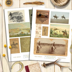 Puede incluir: Un collage de im&aacute;genes vintage con tem&aacute;tica del oeste. Las im&aacute;genes incluyen vaqueros a caballo, una escena de paisaje y una portada de libro con el texto "Story of the Wild West".