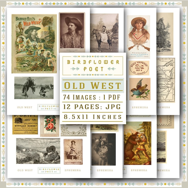 74 Old West Images in PDF and JPG format, Printable Western Ephemera, Wild West, Cowboys and Indians, Collage Supplies, Scrapbook Supply