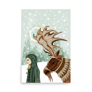 Ilustração de pôster das Montanhas Elkdýr, Floresta de Nuvens de Neve, Rena, Alce, Arte de Fantasia