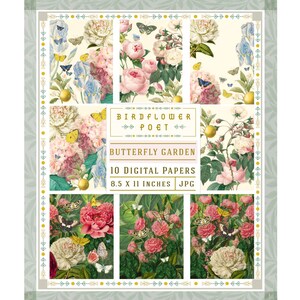 Papel de álbum de recortes imprimible Butterfly Garden, Papeles digitales botánicos, Rosas, Florales, Tamaño carta de Birdflower Poet