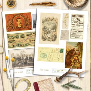 Puede incluir: Una colecci&oacute;n de ef&iacute;meras vintage con im&aacute;genes del oeste americano, incluyendo un retrato de un hombre con el texto "Harry M. Clark, Manager", un mapa de una ruta de tren, una escena de una diligencia, un dibujo de un oso y una persona, y un anuncio vintage de Pony Express.