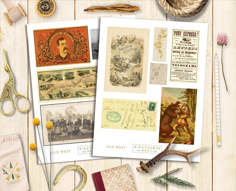 Puede incluir: Una colecci&oacute;n de ef&iacute;meras vintage con im&aacute;genes del oeste americano, incluyendo un retrato de un hombre con el texto "Harry M. Clark, Manager", un mapa de una ruta de tren, una escena de una diligencia, un dibujo de un oso y una persona, y un anuncio vintage de Pony Express.