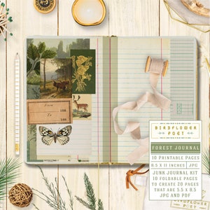 Forest Journal Kit, Printable junk journal with woodland animals, trees, pinecones, leaves by Birdflower Poet