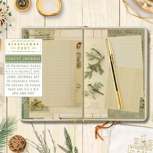 Kit de journal forestier, journal indésirable imprimable avec des animaux des bois, des arbres, des pommes de pin, des feuilles par Birdflower Poet