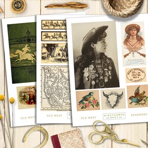 Puede incluir: Un collage de im&aacute;genes vintage con tem&aacute;tica del Viejo Oeste. Las im&aacute;genes incluyen un mapa del oeste americano, un jefe nativo americano, una mujer con un sombrero de vaquero y un sello de Pony Express. El texto "Old West" aparece tres veces y "Ephemera" una vez.