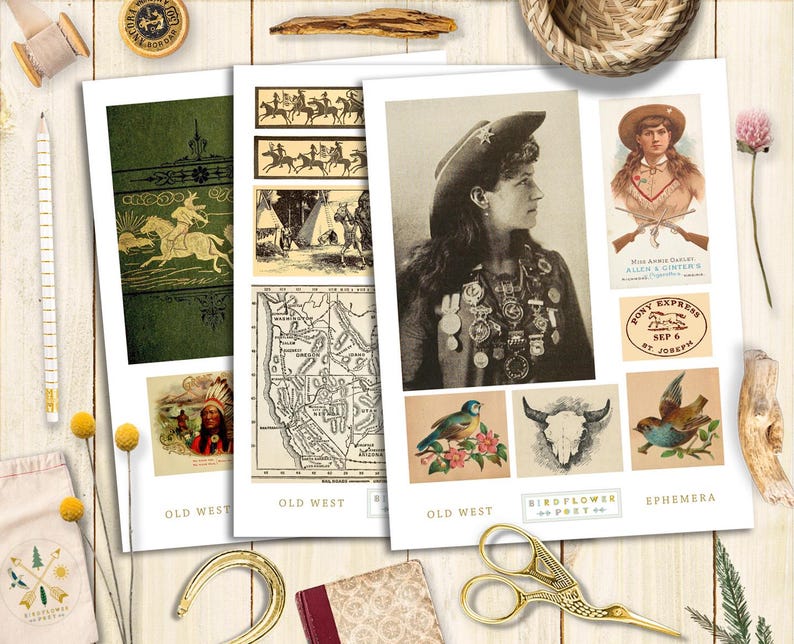 Puede incluir: Un collage de im&aacute;genes vintage con tem&aacute;tica del Viejo Oeste. Las im&aacute;genes incluyen un mapa del oeste americano, un jefe nativo americano, una mujer con un sombrero de vaquero y un sello de Pony Express. El texto "Old West" aparece tres veces y "Ephemera" una vez.