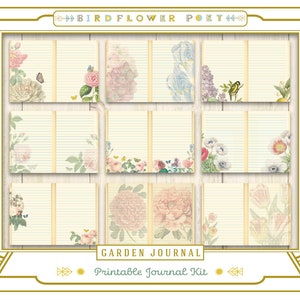 Garden Journal Kit. 5 x 7 inches printable journal. Flowers, birds, butterflies, journal cards by. Birdflower Poet, Download Junk Journal