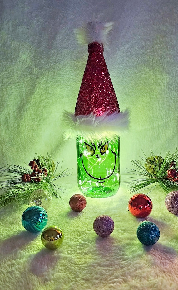 Grinch Weihnachten Wein Flasche Dekor mit Lichterkette