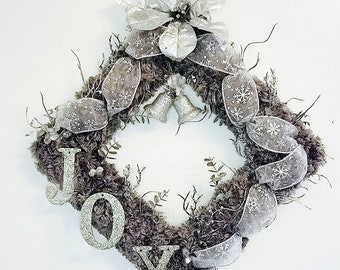 Silver and Gray Christmas Wreath, Joy Wreath, Holiday Wreath, Snowflake Wreath, Garland Door Hanger