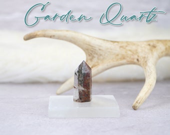 Natural Garden Quartz point #5, gemmy small Lodolite tower with lot of green and red inclusions, Scenic Quartz obelisk, Landscape Quartz