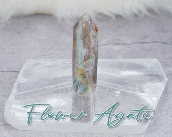 Natural green Flower Agate Tower, cute green and grey obelisk crystal with blossom pattern from Madagascar, #1