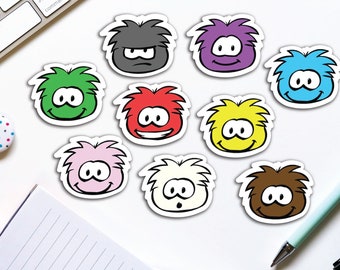 Paquete de pegatinas de puffles / pegatina identificable, pegatina de botella de agua, pegatina para computadora portátil, inspirada en Club Penguin, pegatina de animales