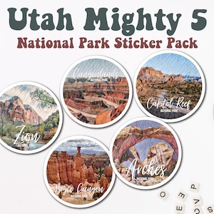 Pack d'autocollants du parc national de l'Utah Mighty Five | Autocollant de bouteille d'eau/ Autocollant pour ordinateur portable/ Ensemble d'autocollants/ Parc national de Zion/ Belle Utah