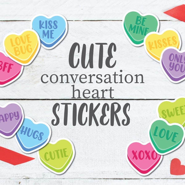 Cute Conversation Heart Stickers | Mini Conversation Candy Heart Sticker Pack, Valentine Heart Candy Stickers, Set of 12 Stickers