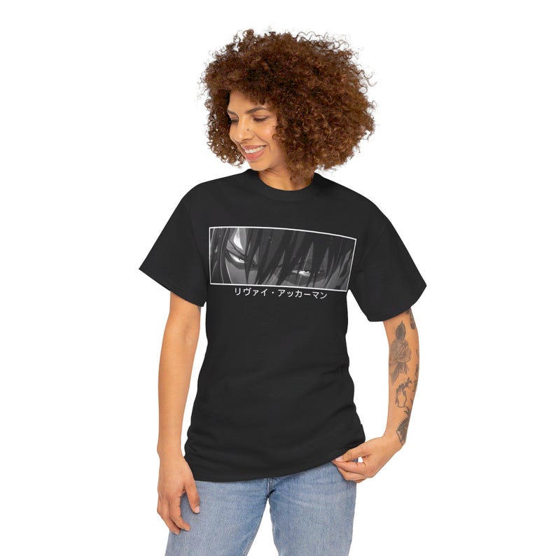 Anime graphic tee with Levi Ackerman 'Look Up' design from AOT, comfortable unisex fit for fans of Japanese anime culture.